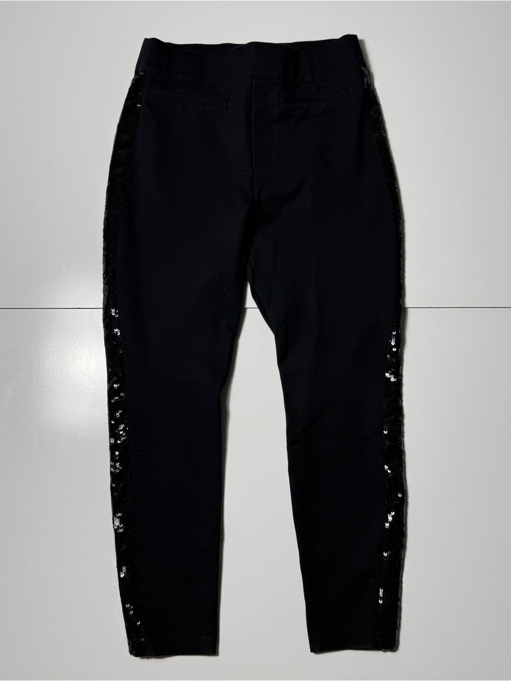 Spanx Sequin Side Stripe Pants Women’s Large Black Pull On Skinny Tuxedo Career